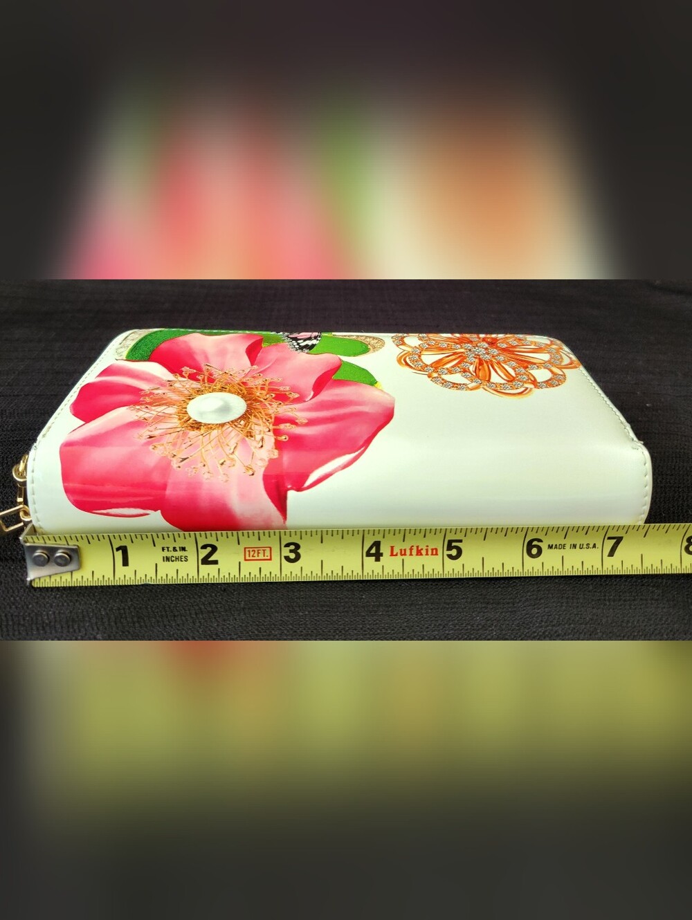 Floral Butterfly Print Double Zip Around Wallet White Patent Faux Leather Clutch - Picture 5 of 16